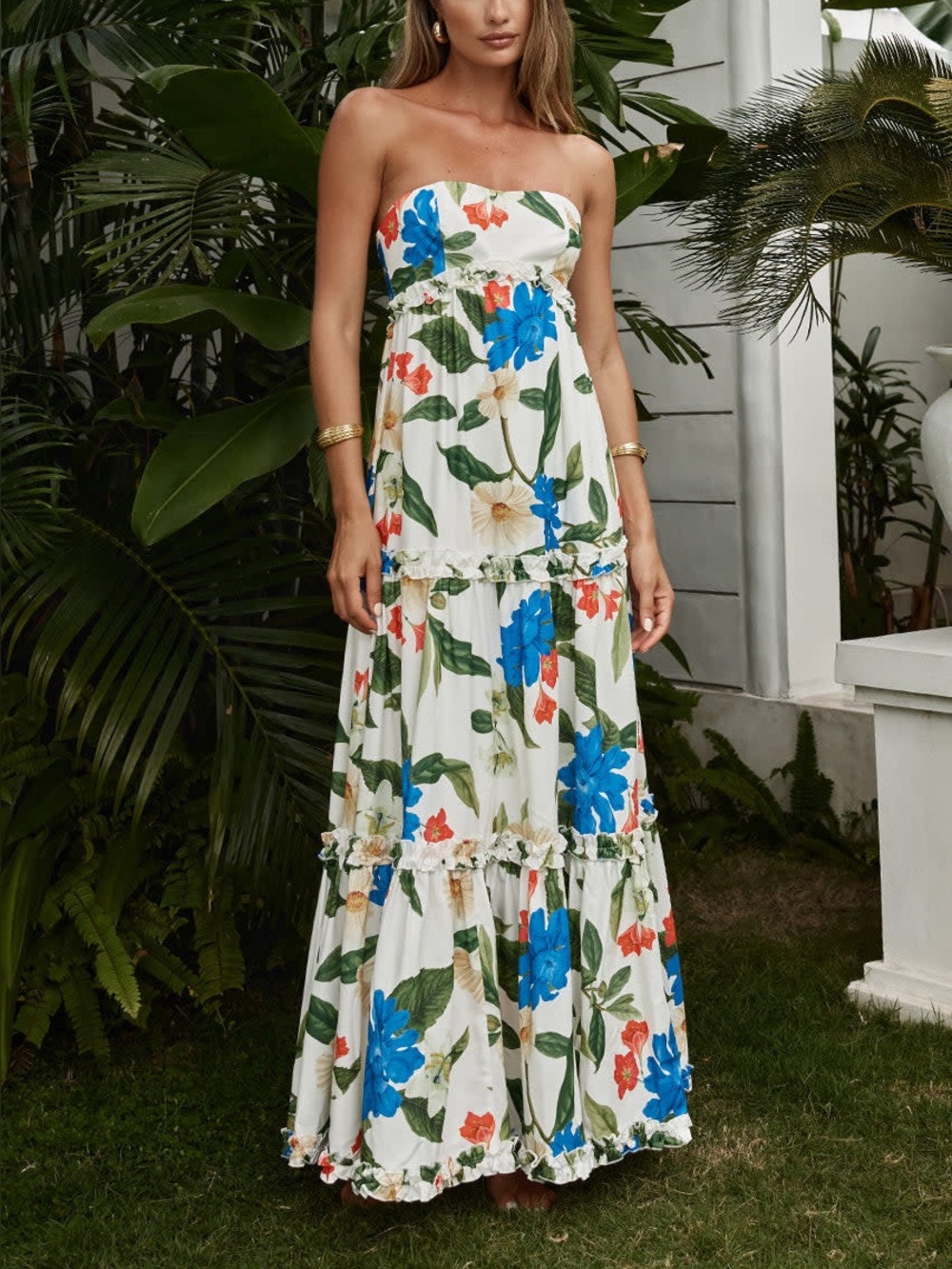 Runaway The Label Daria Maxi Dress XS White Floral Strapless Tiered Resort